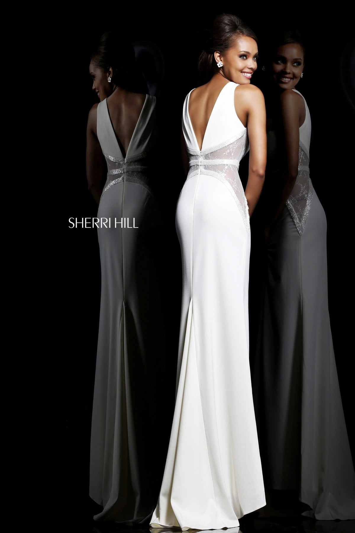 Sherri Hill 11067 V-neck fitted jersey gown with beaded waist