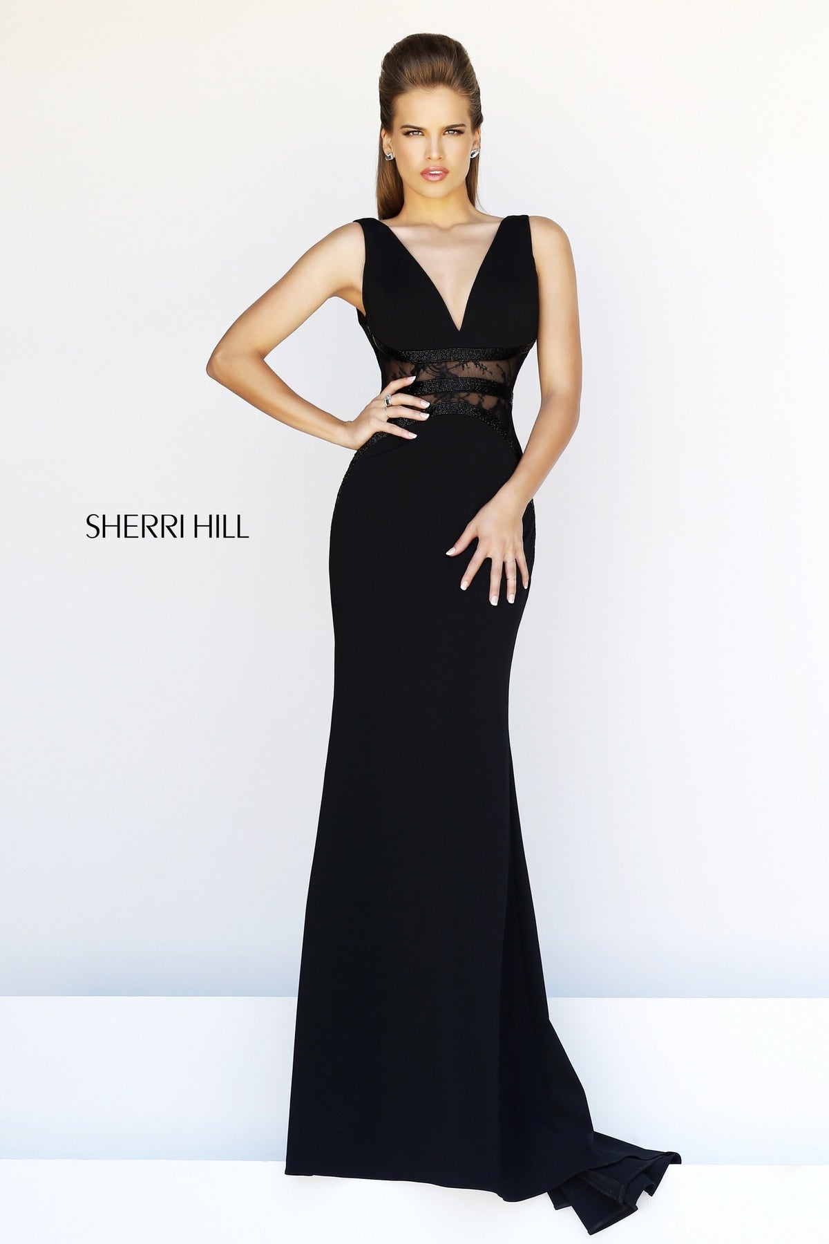 Sherri Hill 11067 V-neck fitted jersey gown with beaded waist in black