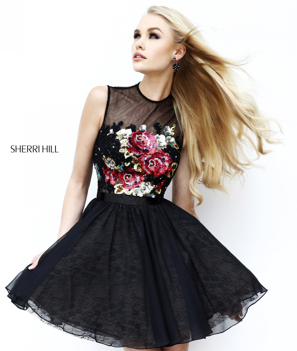 Sherri Hill 21198 strapless floral embroidered cocktail dress in black/nude/multi