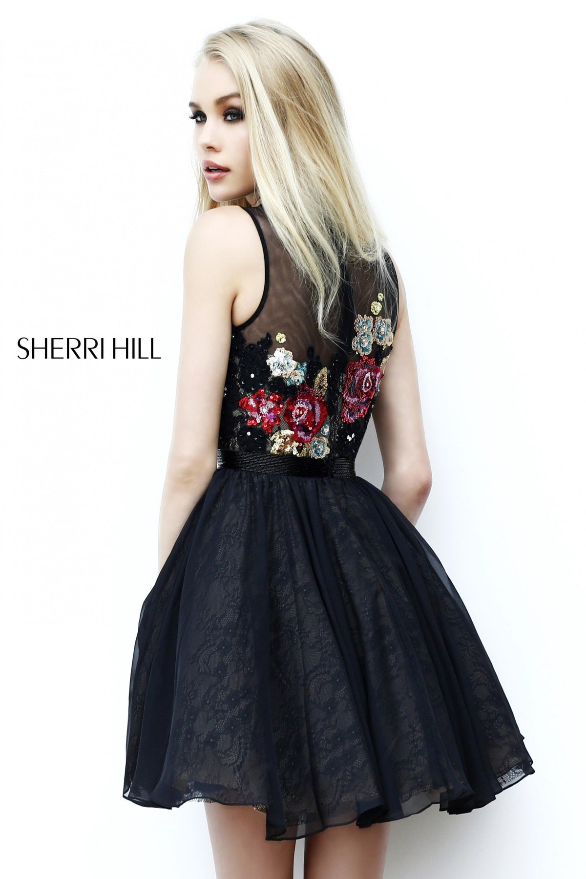 Sherri Hill 21198 strapless floral embroidered cocktail dress