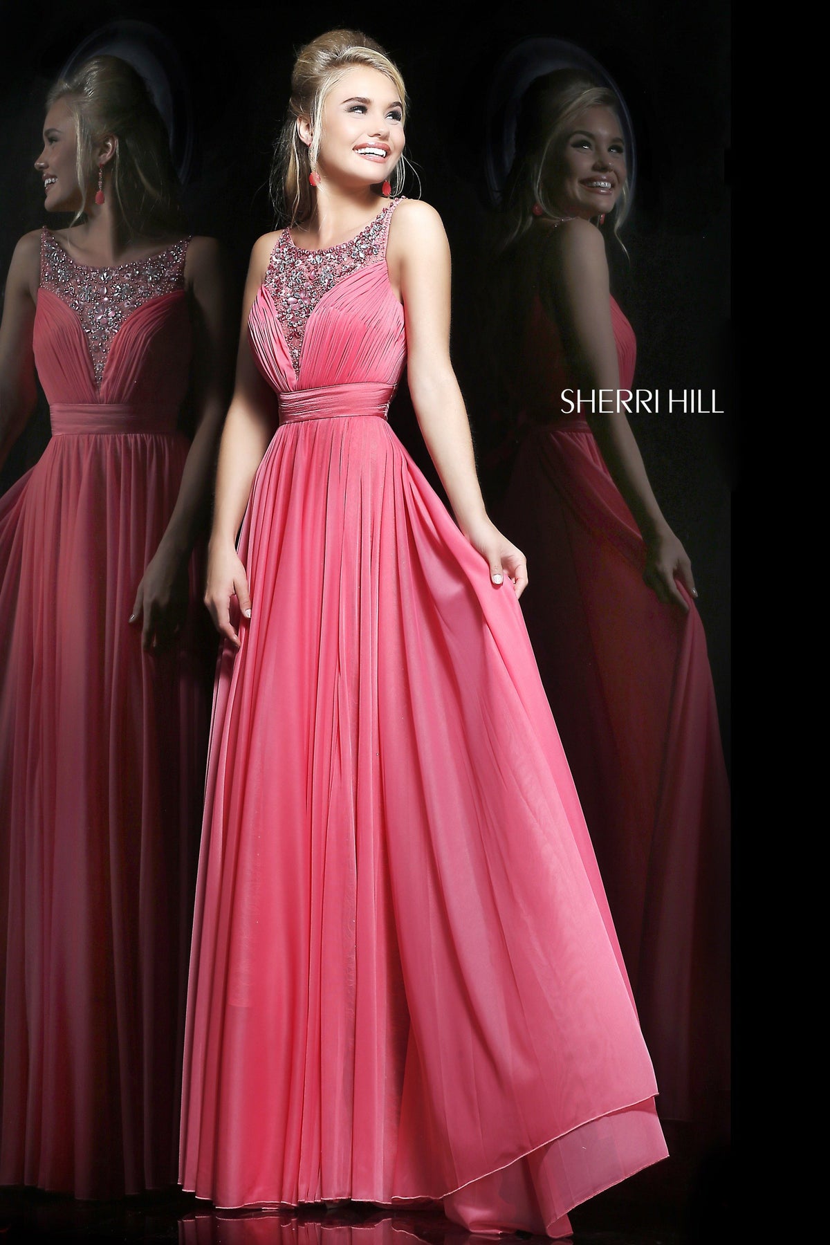 Sherri Hill 1552 beaded bodice chiffon gown in coral