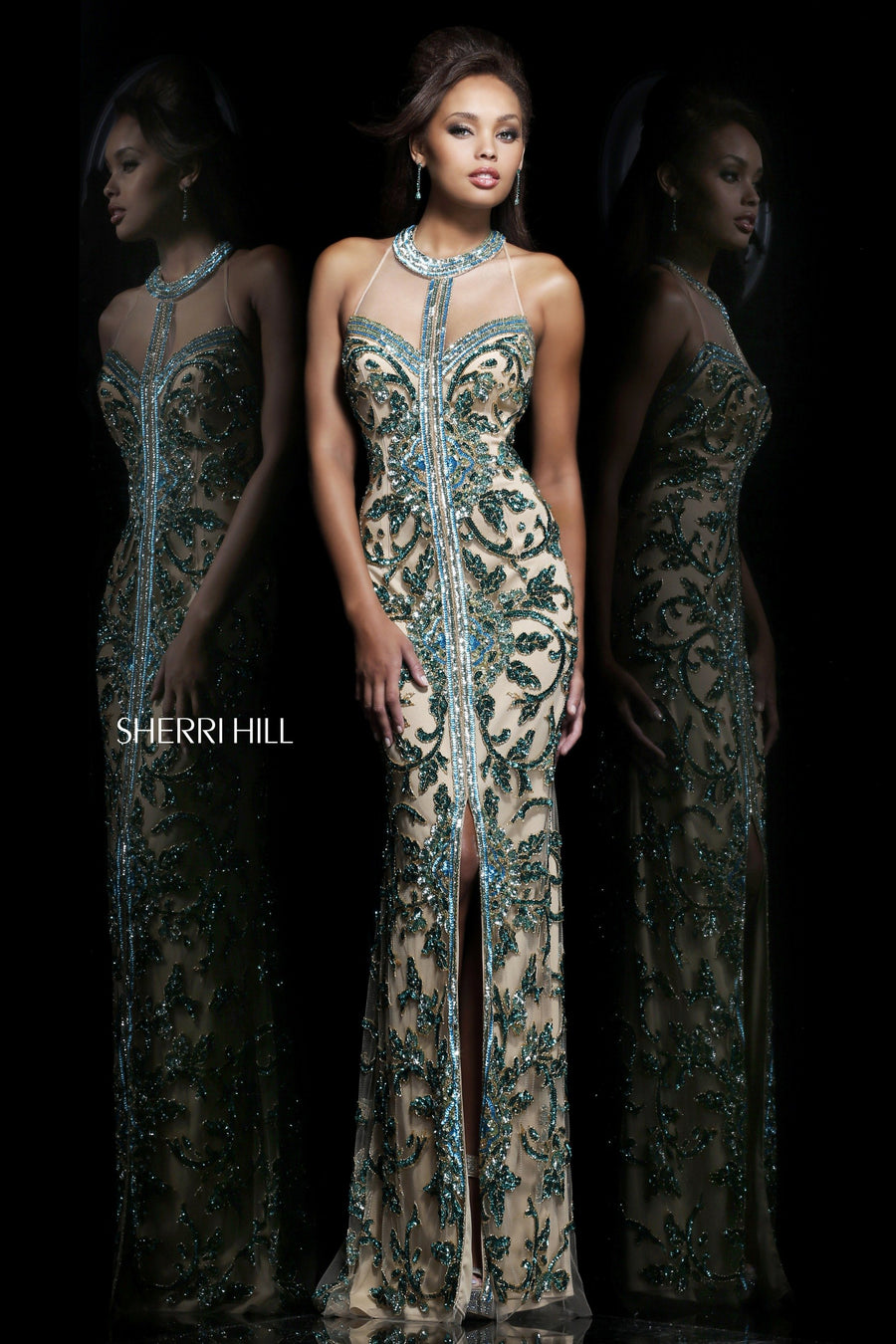 Sherri Hill style 1711 in green/multi, High-Neck Beaded Fitted Gown with Slit