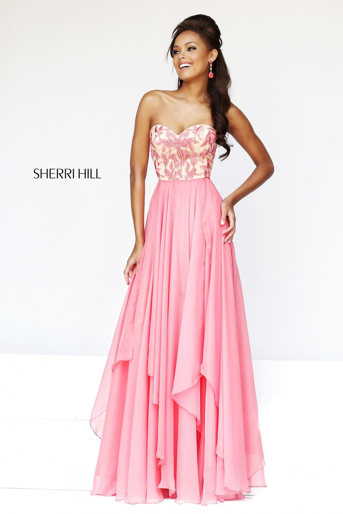 Sherri Hill 1924 beaded bodice chiffon gown in coral