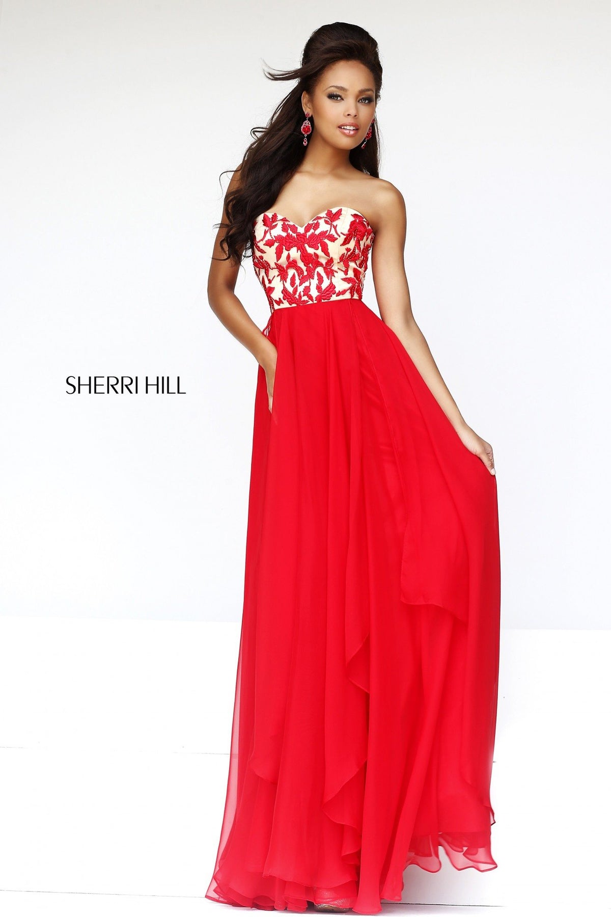 Sherri Hill 1924 beaded bodice chiffon gown in red