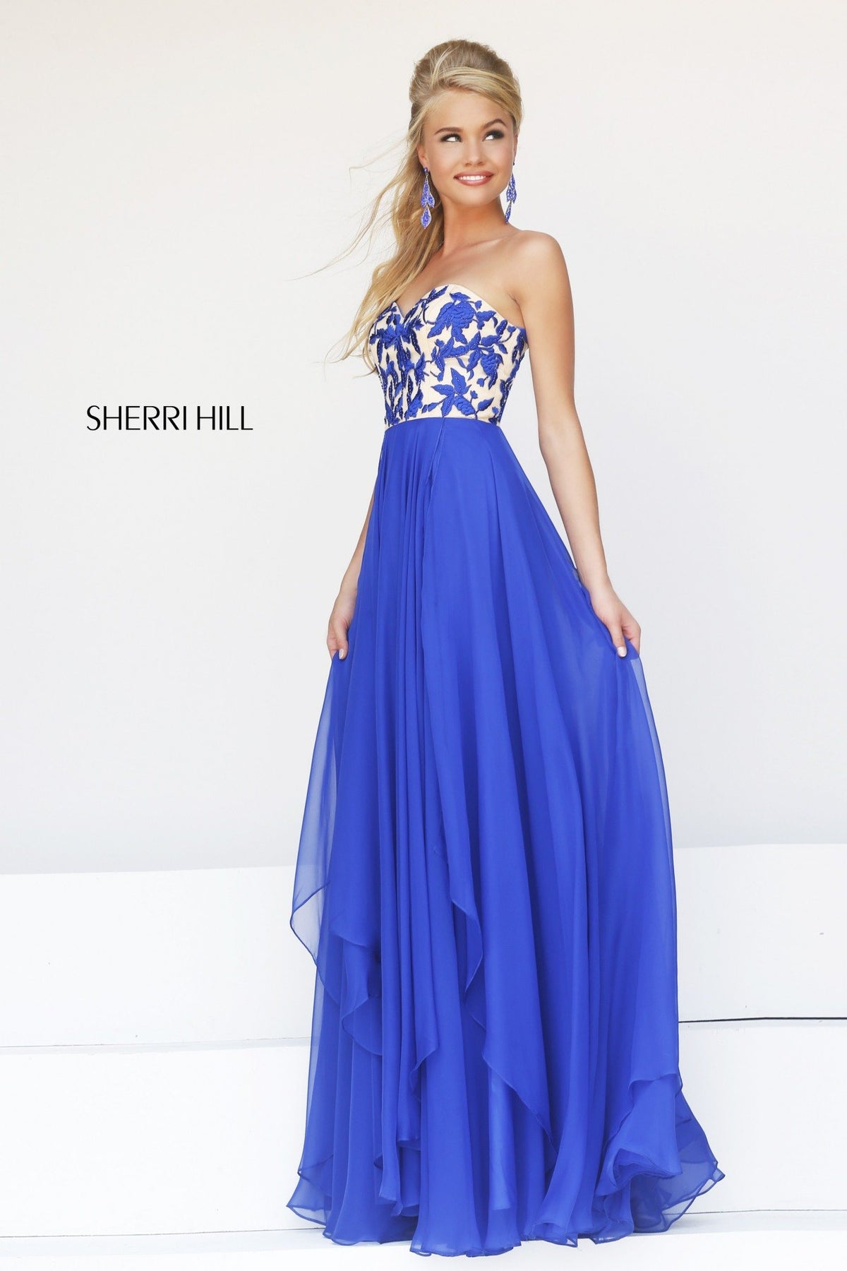 Sherri Hill 1924 beaded bodice chiffon gown in royal