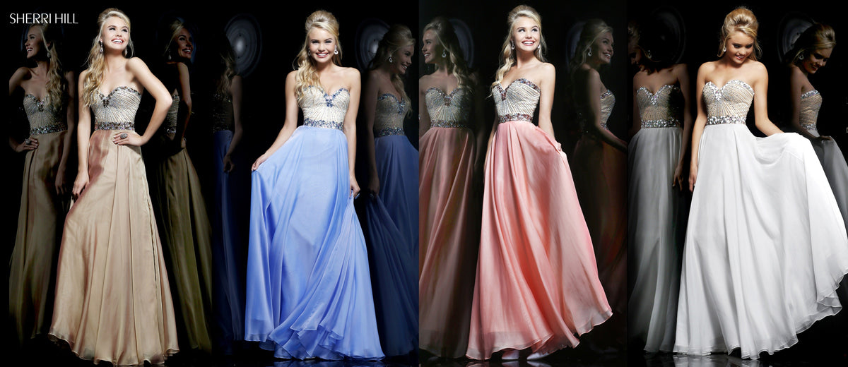 Sherri Hill 1923 strapless beaded bodice chiffon gown in periwinkle