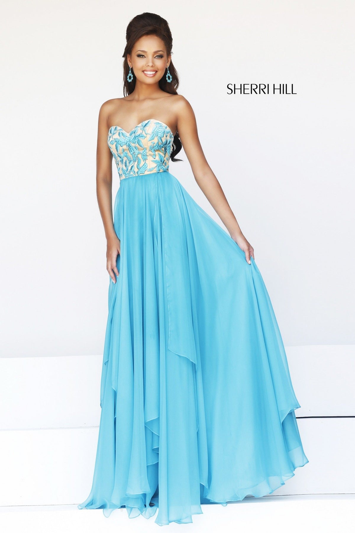 Sherri Hill 1924 beaded bodice chiffon gown in turquoise