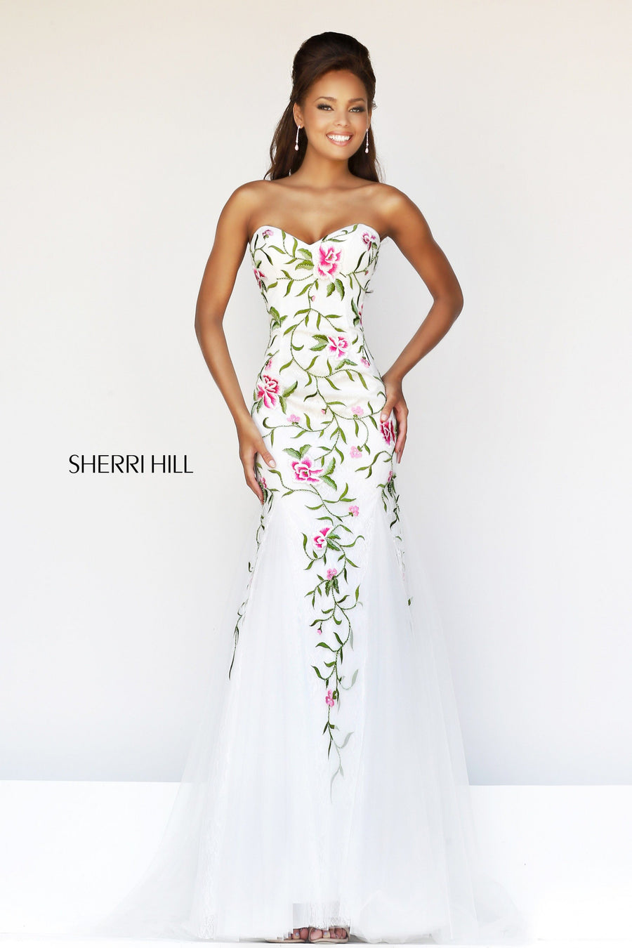 Sherri Hill style 1926 in white/multi, Strapless Floral Embroidered Mermaid Gown