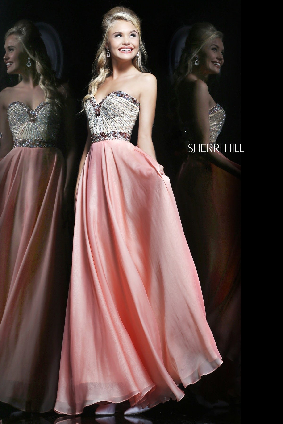 Sherri Hill 1923 strapless beaded bodice chiffon gown in peach