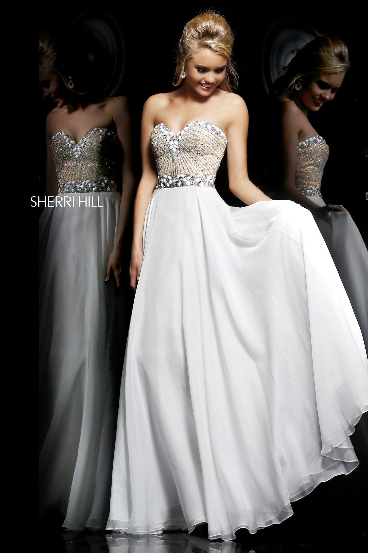 Sherri Hill 1923 strapless beaded bodice chiffon gown in white