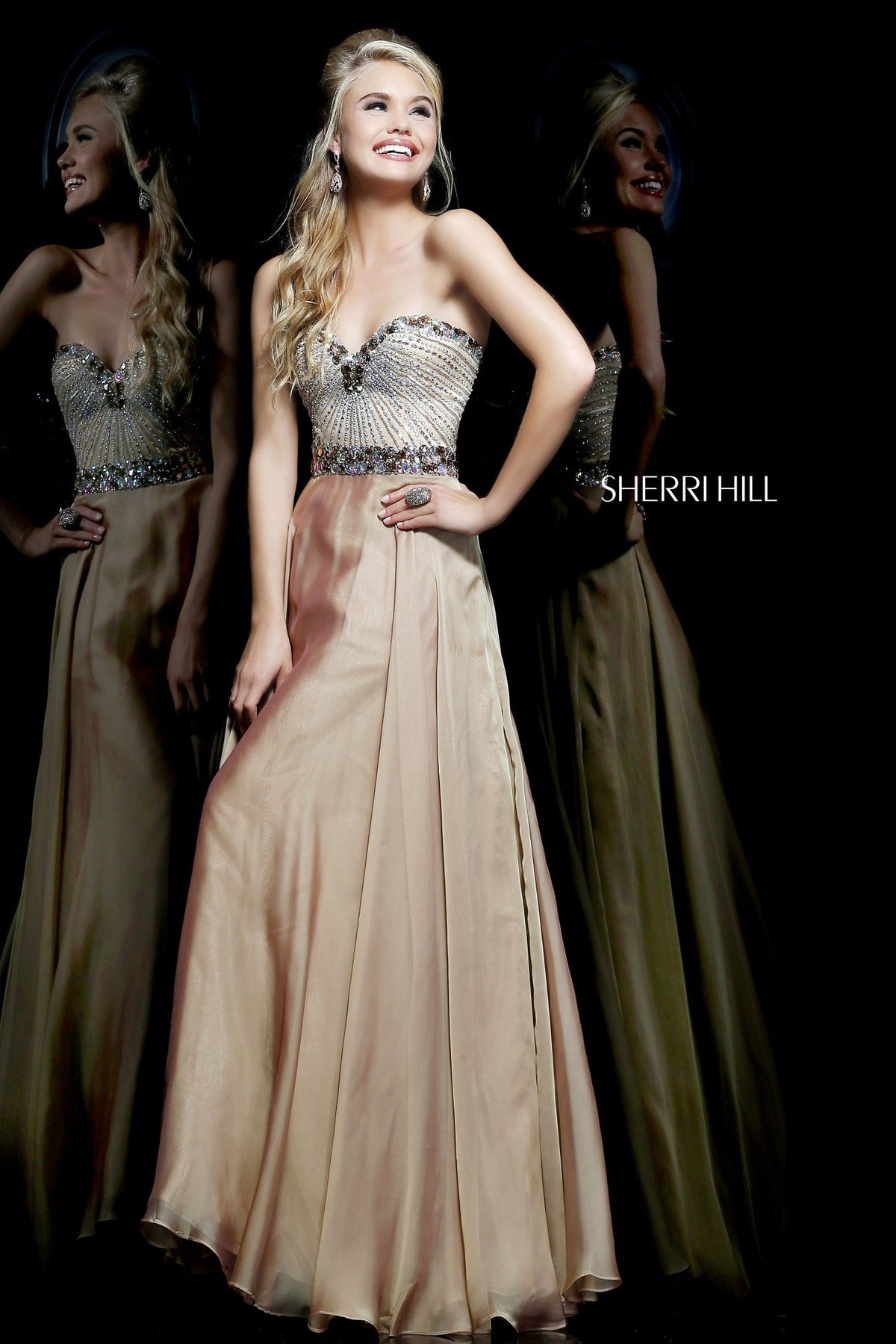 Sherri Hill 1923 strapless beaded bodice chiffon gown in nude