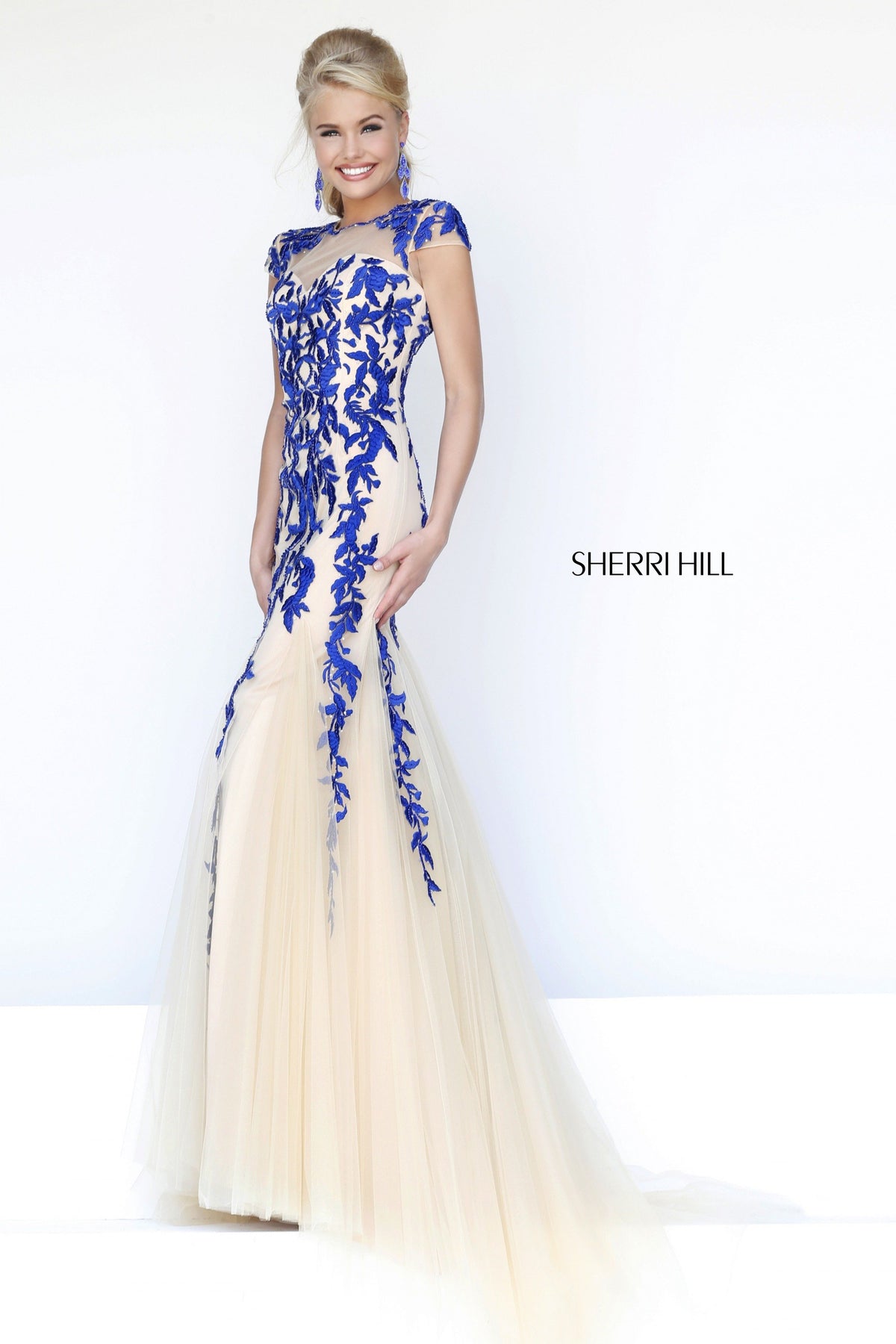 Sherri Hill 1927 embroidered mermaid gown with tulle skirt in nude/royal