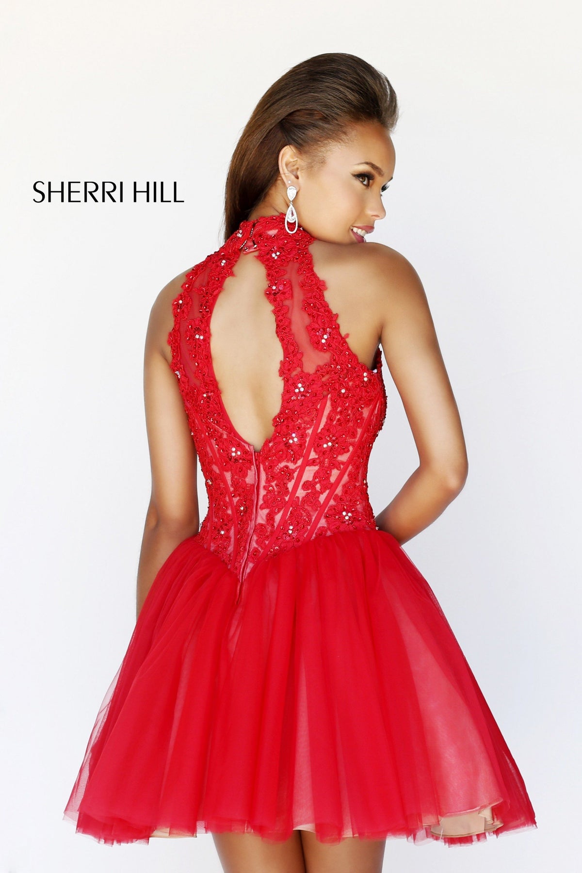 Sherri Hill 21193 high-neck beaded cocktail dress with tulle skirt