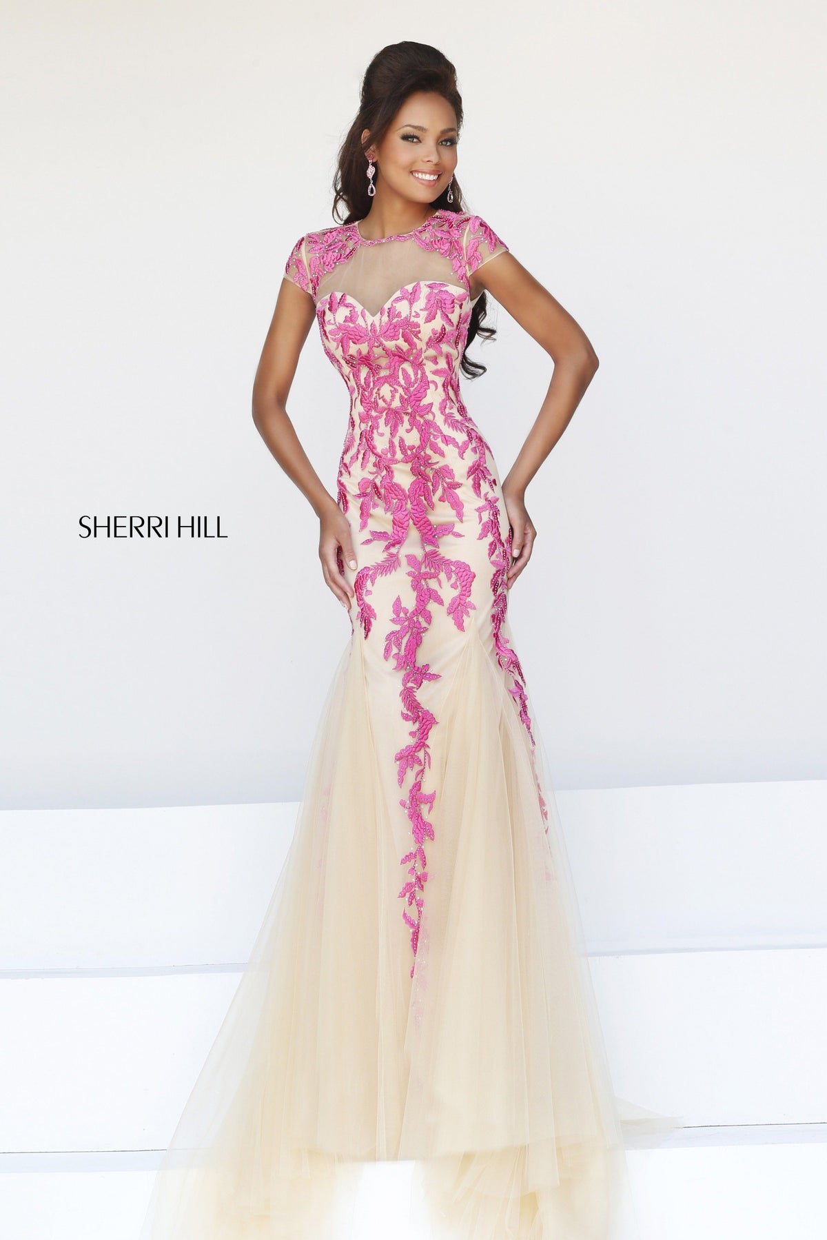 Sherri Hill 1927 embroidered mermaid gown with tulle skirt in nude/pink