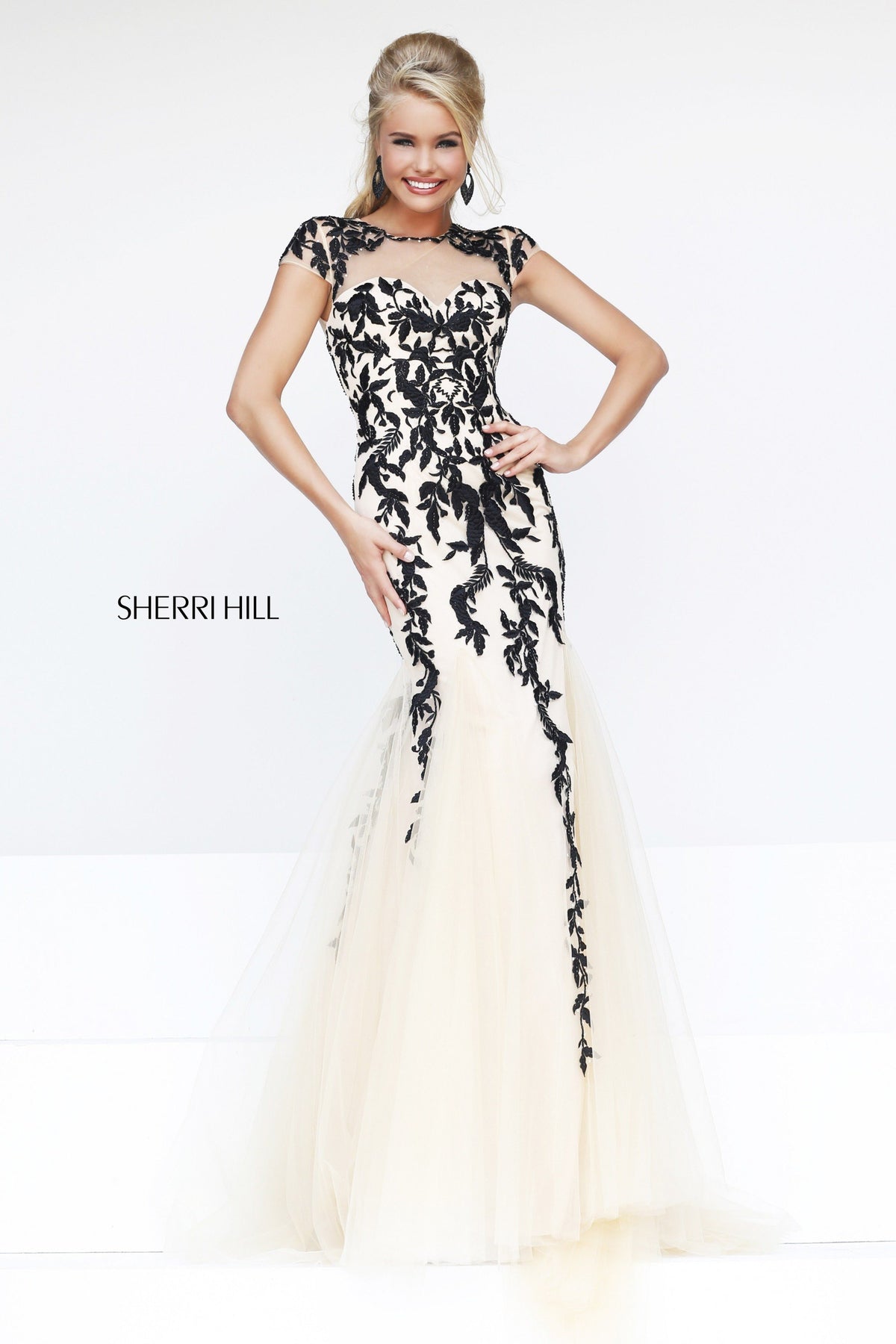 Sherri Hill 1927 embroidered mermaid gown with tulle skirt in nude/black