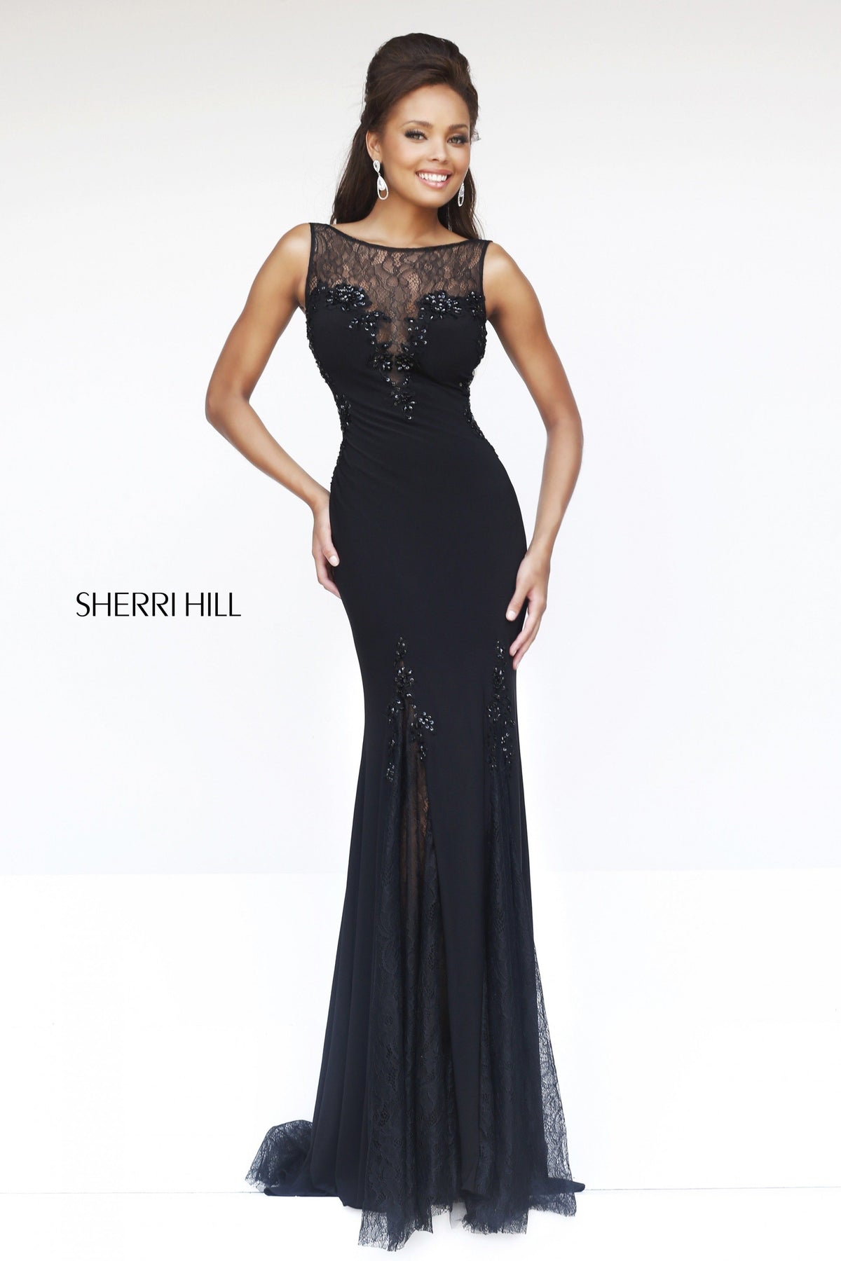 Sherri Hill 4312 fitted gown with sheer neckline in black