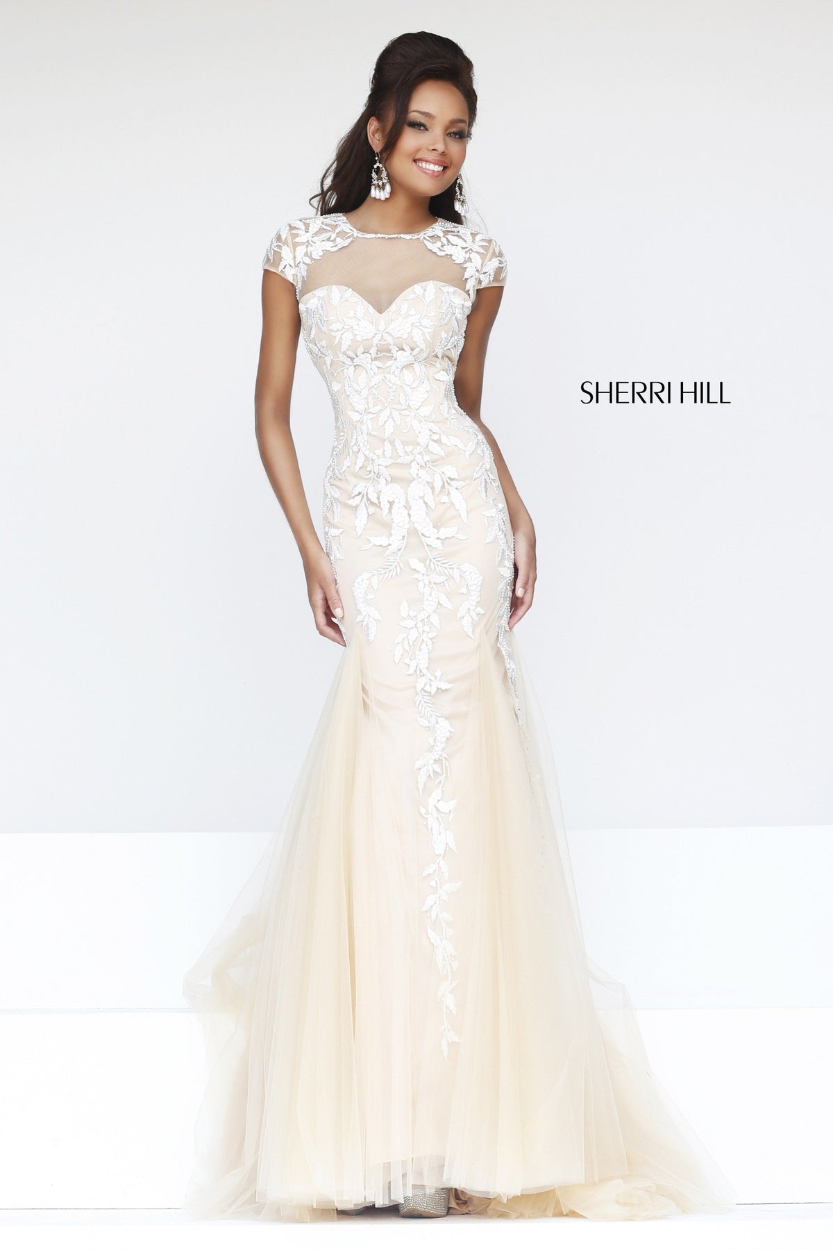 Sherri Hill 1927 embroidered mermaid gown with tulle skirt in nude/white