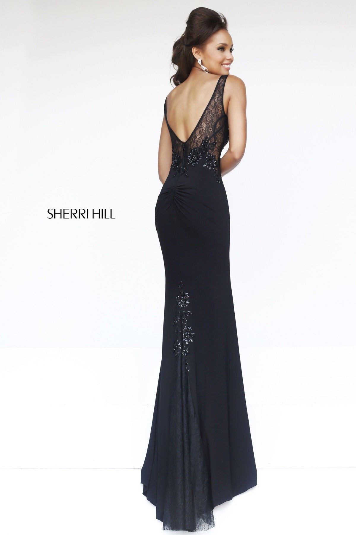 Sherri Hill 4312 fitted gown with sheer neckline in black