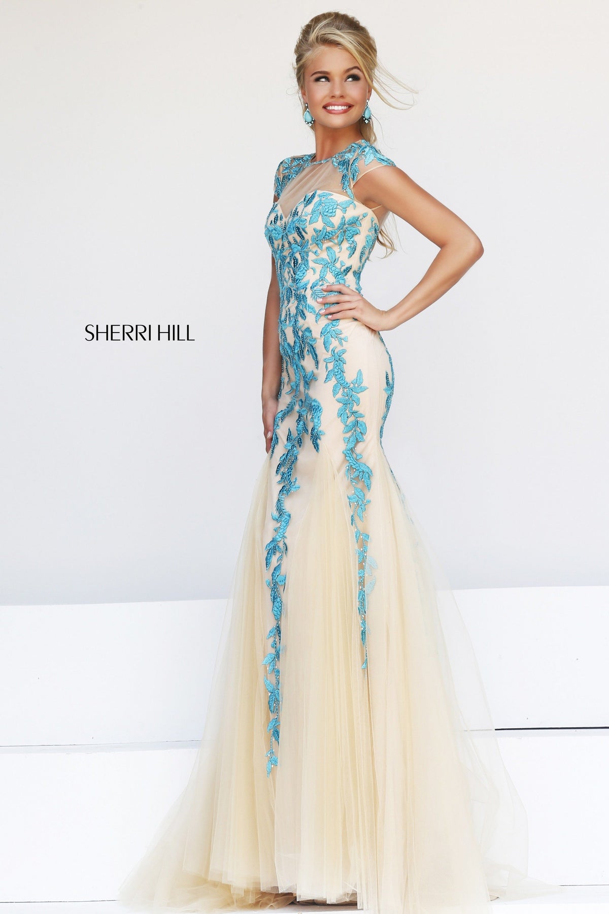 Sherri Hill 1927 embroidered mermaid gown with tulle skirt in nude/turquoise