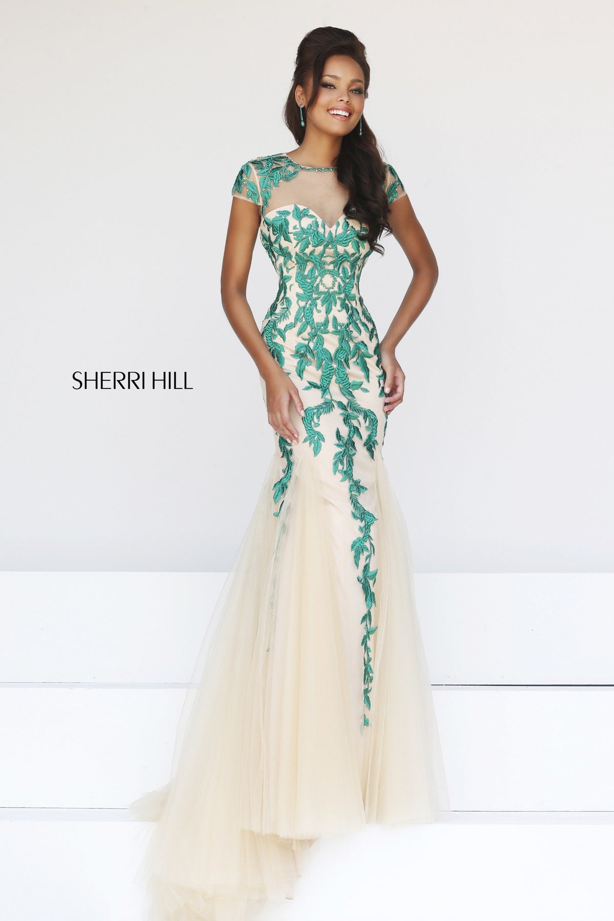 Sherri Hill 1927 embroidered mermaid gown with tulle skirt in nude/emerald