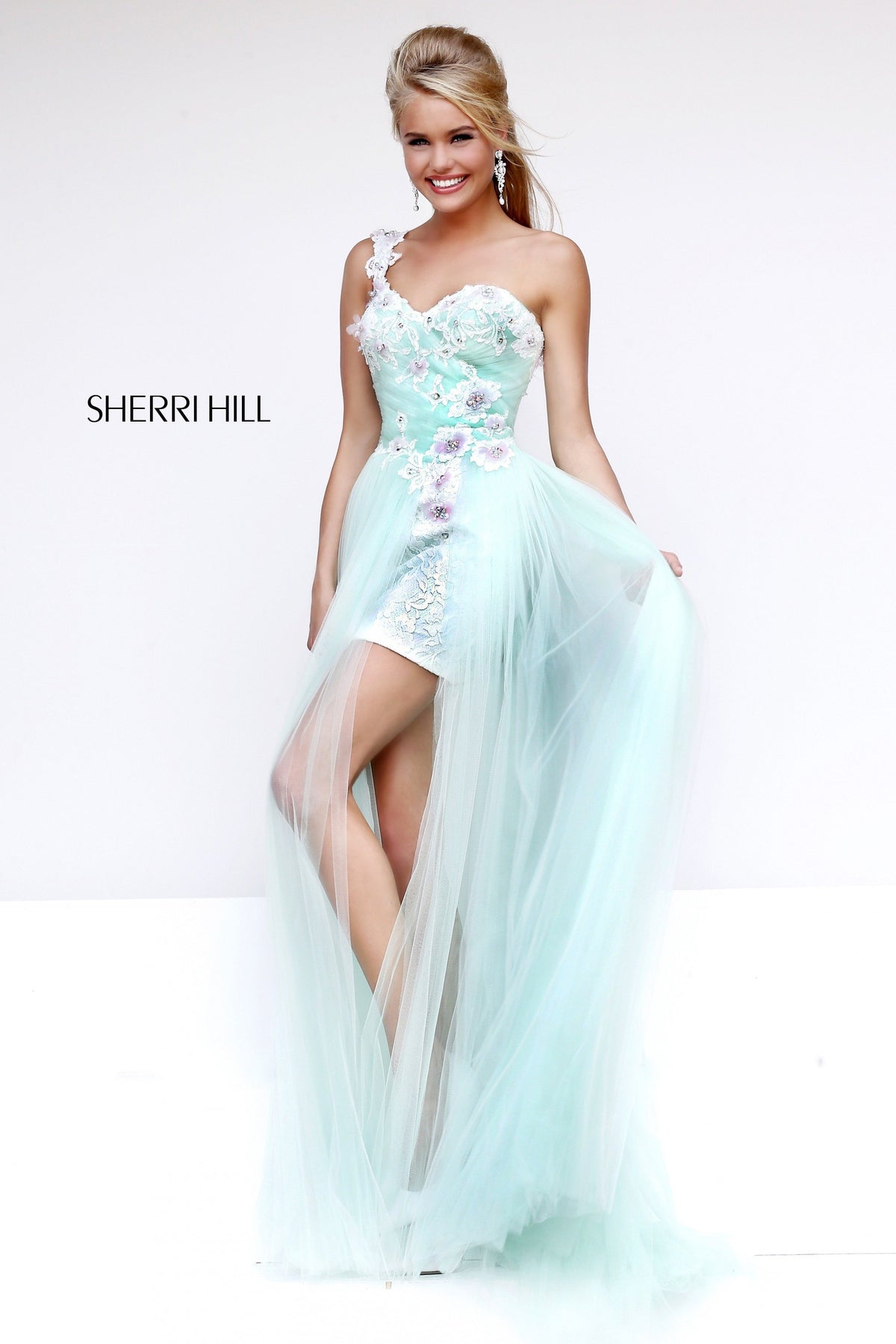 Sherri Hill 4315 strapless beaded high-low tulle dress in mint/ivory
