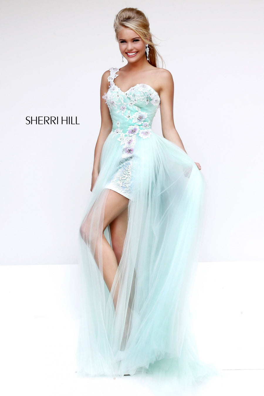 Sherri Hill style 4315 in mint/ivory, Strapless Beaded High-Low Tulle Dress