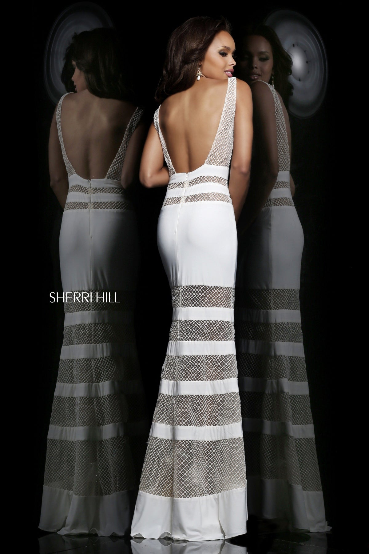 Sherri Hill 4317 strapless fitted gown with sheer panels in ivory/nude