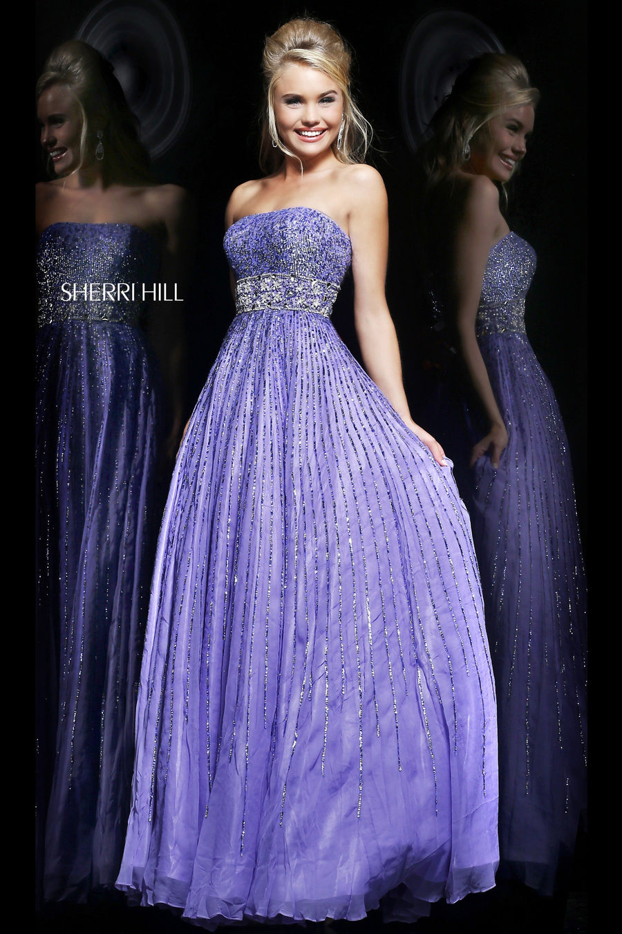 Sherri Hill style 8544 in coral, Strapless Beaded Tulle Gown