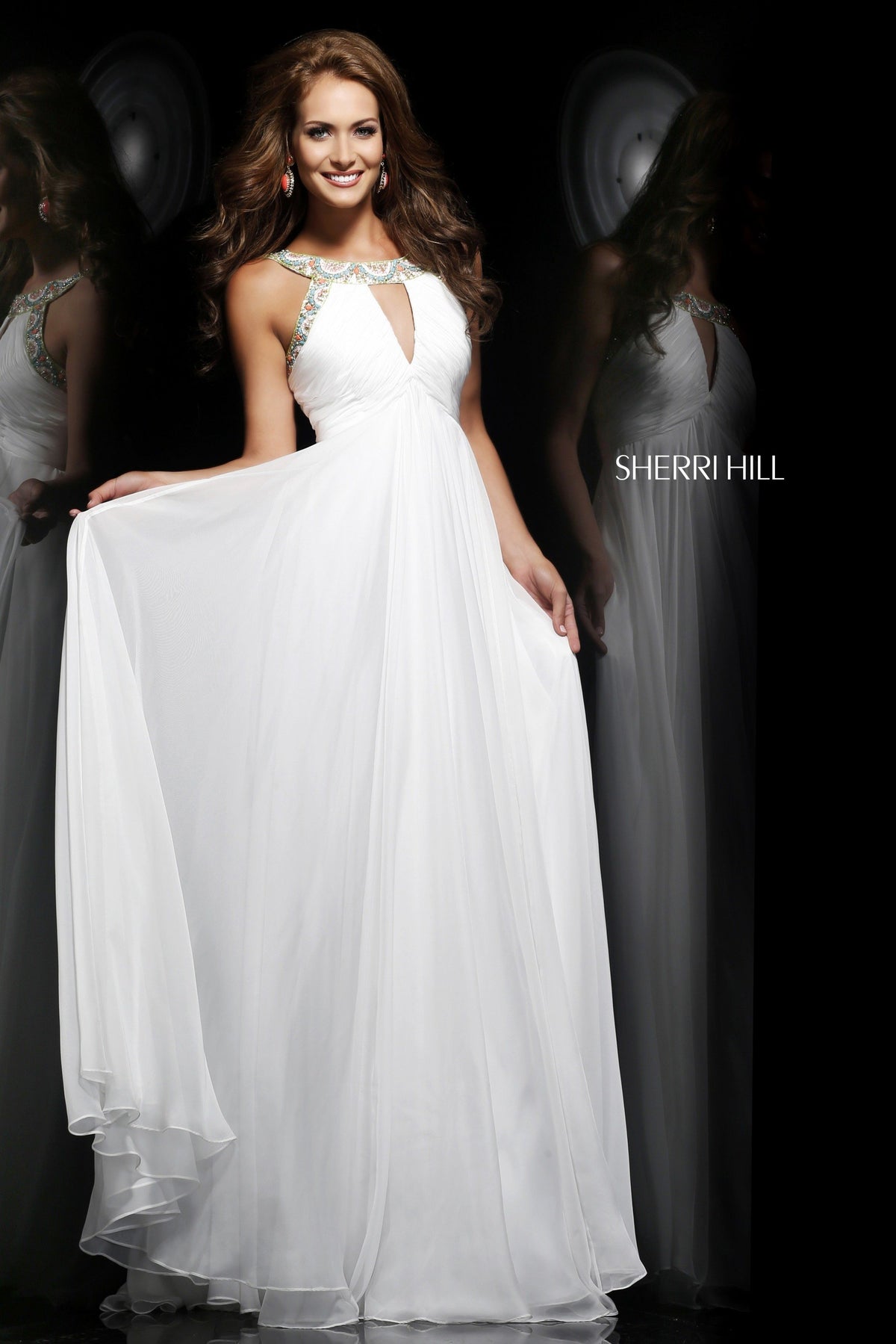 Sherri Hill 11109 halter chiffon gown with beaded keyhole neckline in white/multi