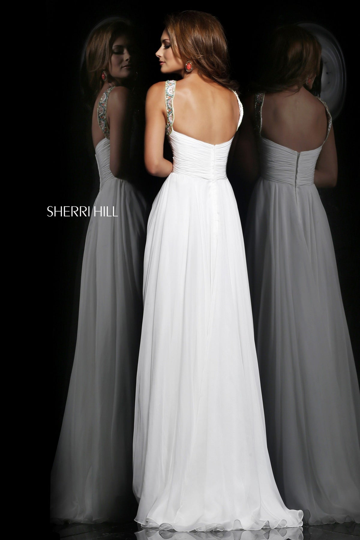 Sherri Hill 11109 halter chiffon gown with beaded keyhole neckline in white/multi