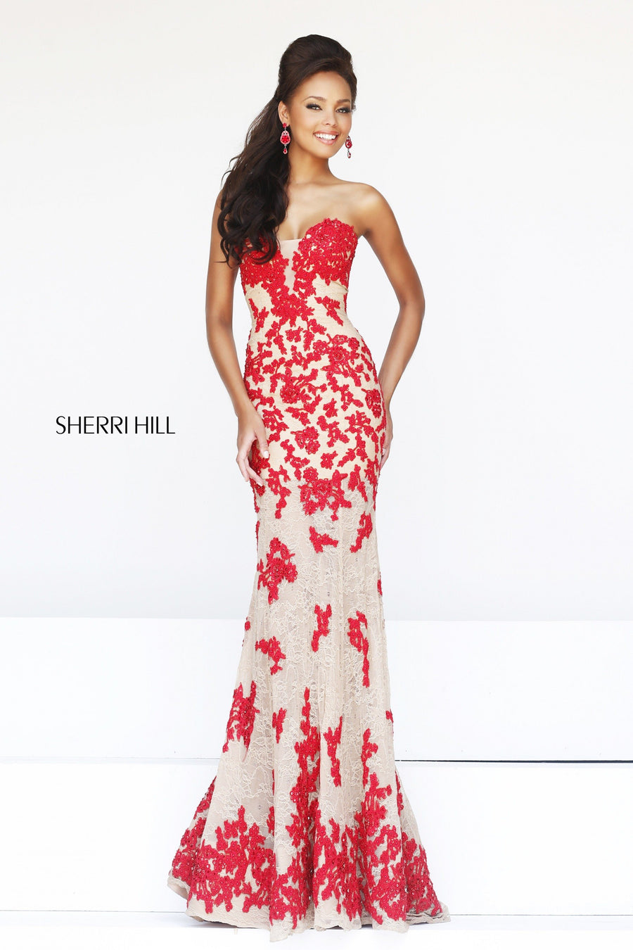 Sherri Hill style 11120 in nude/black, Strapless Lace Appliquéd Mermaid Gown