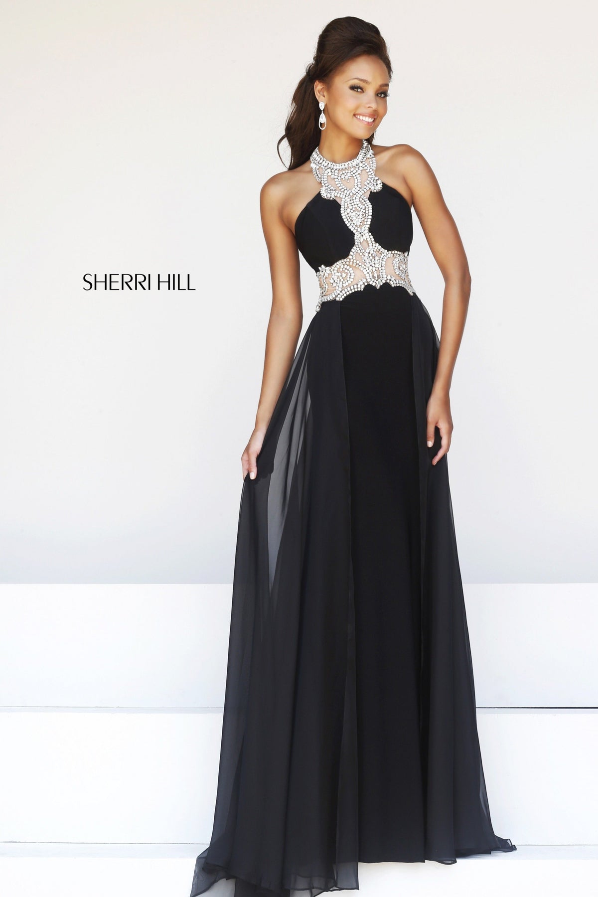 Sherri Hill 11121 floral appliquéd chiffon gown in black