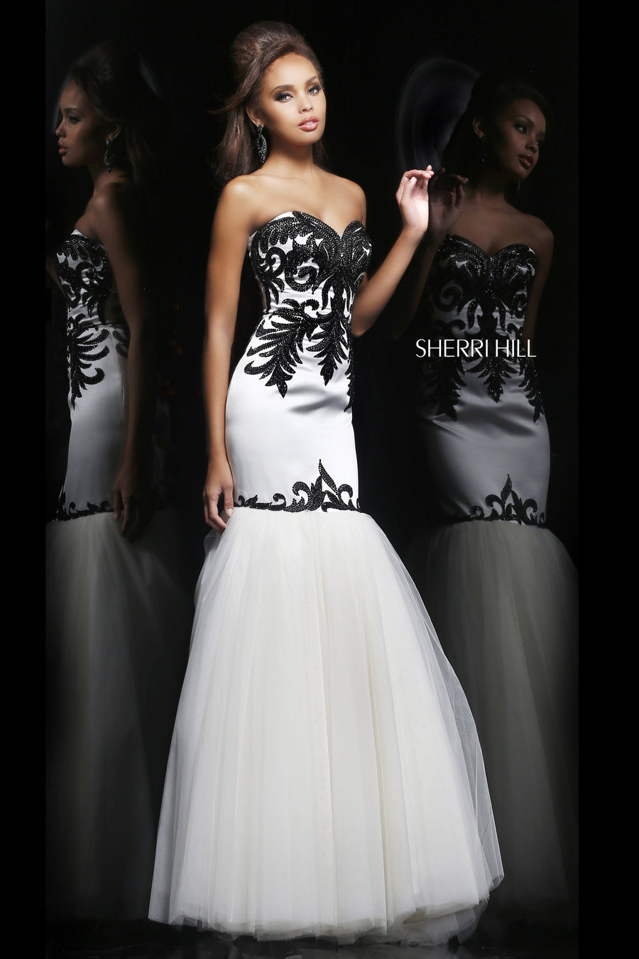 Sherri Hill style 11122 in white/black, Strapless Lace Appliquéd Mermaid Gown