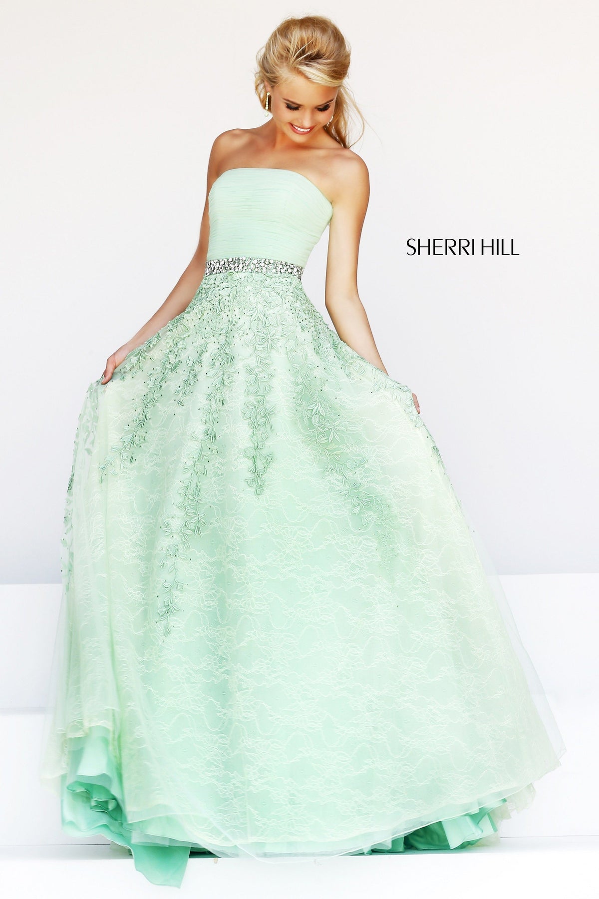 Sherri Hill 11123 strapless lace A-line gown in green