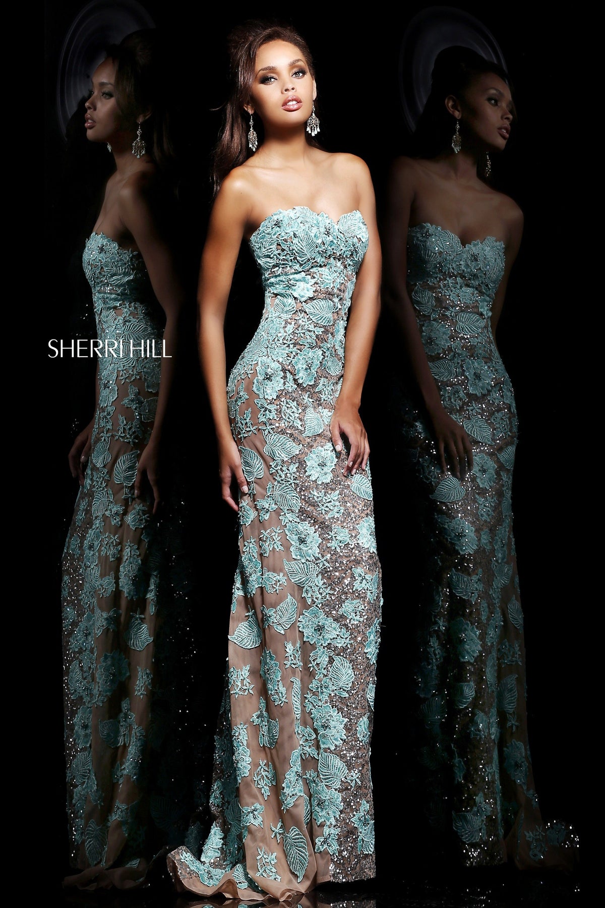 Sherri Hill 11126 strapless embroidered fitted gown in aqua/silver