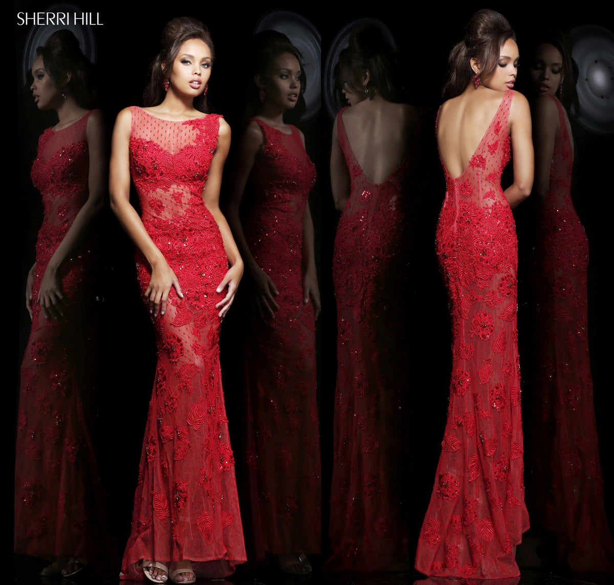 Sherri Hill 11127 lace fitted gown with sheer neckline in red/nude