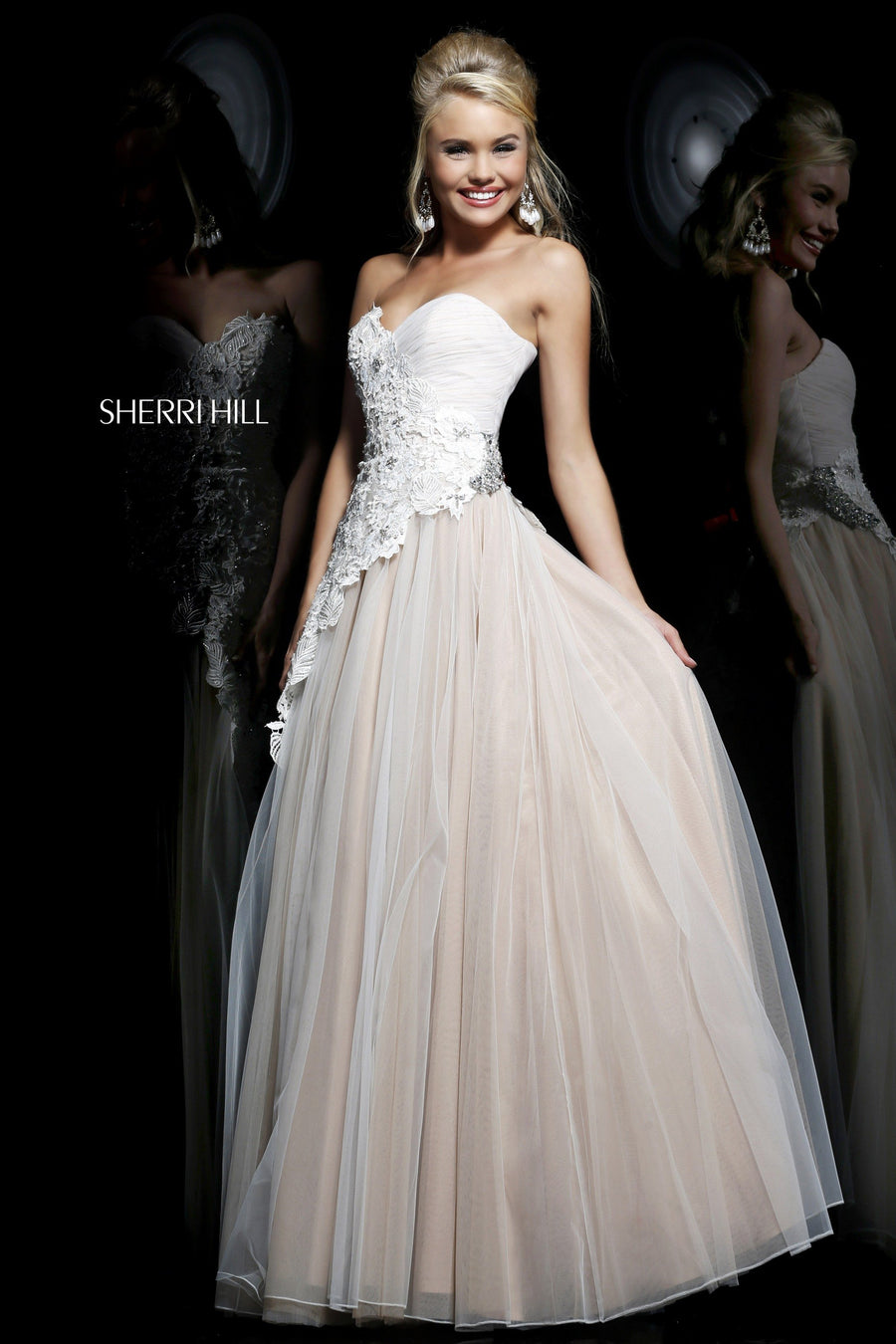 Sherri Hill style 11128 in ivory/nude, Strapless Lace Appliquéd Tulle Ball Gown