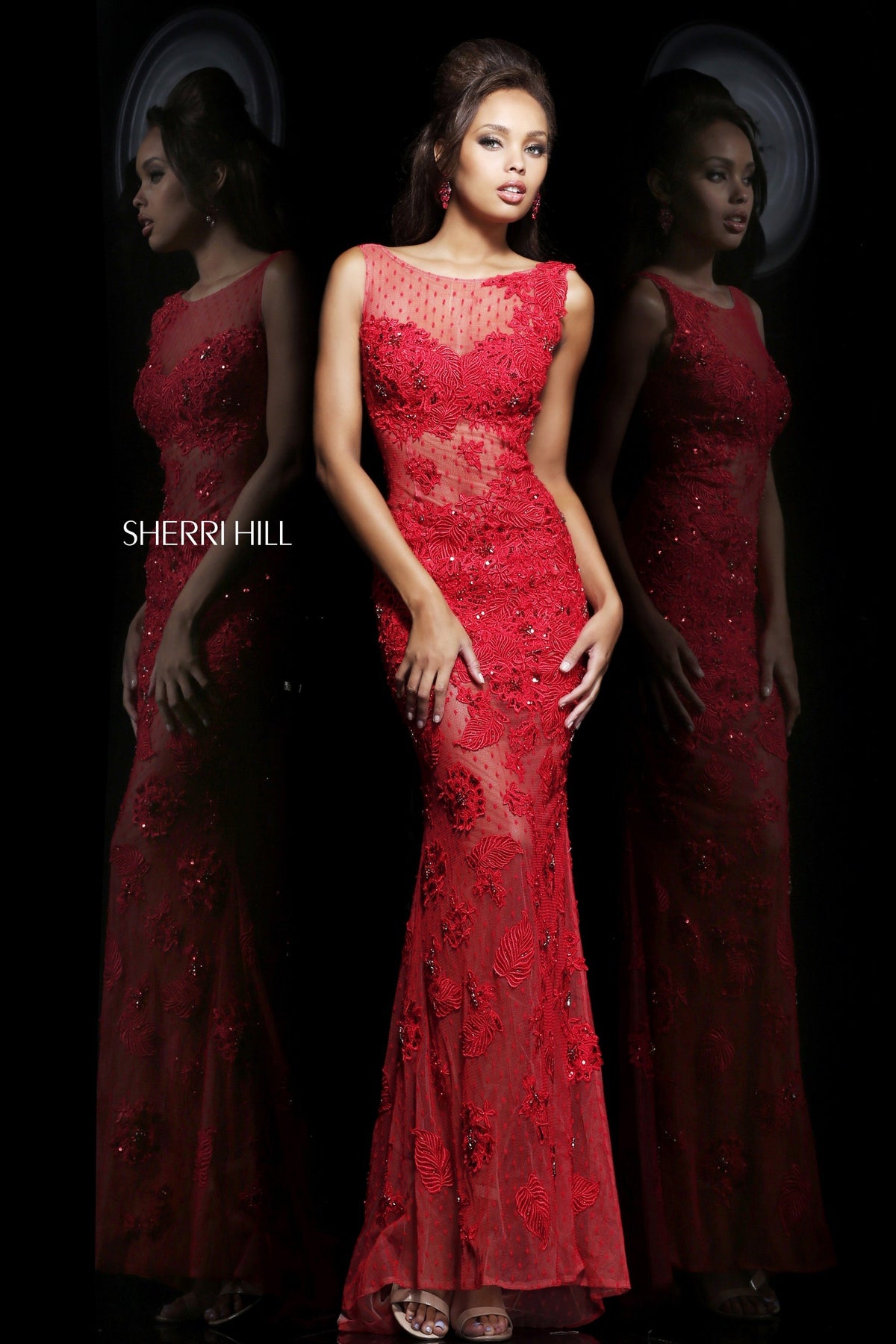 Sherri Hill 11127 lace fitted gown with sheer neckline