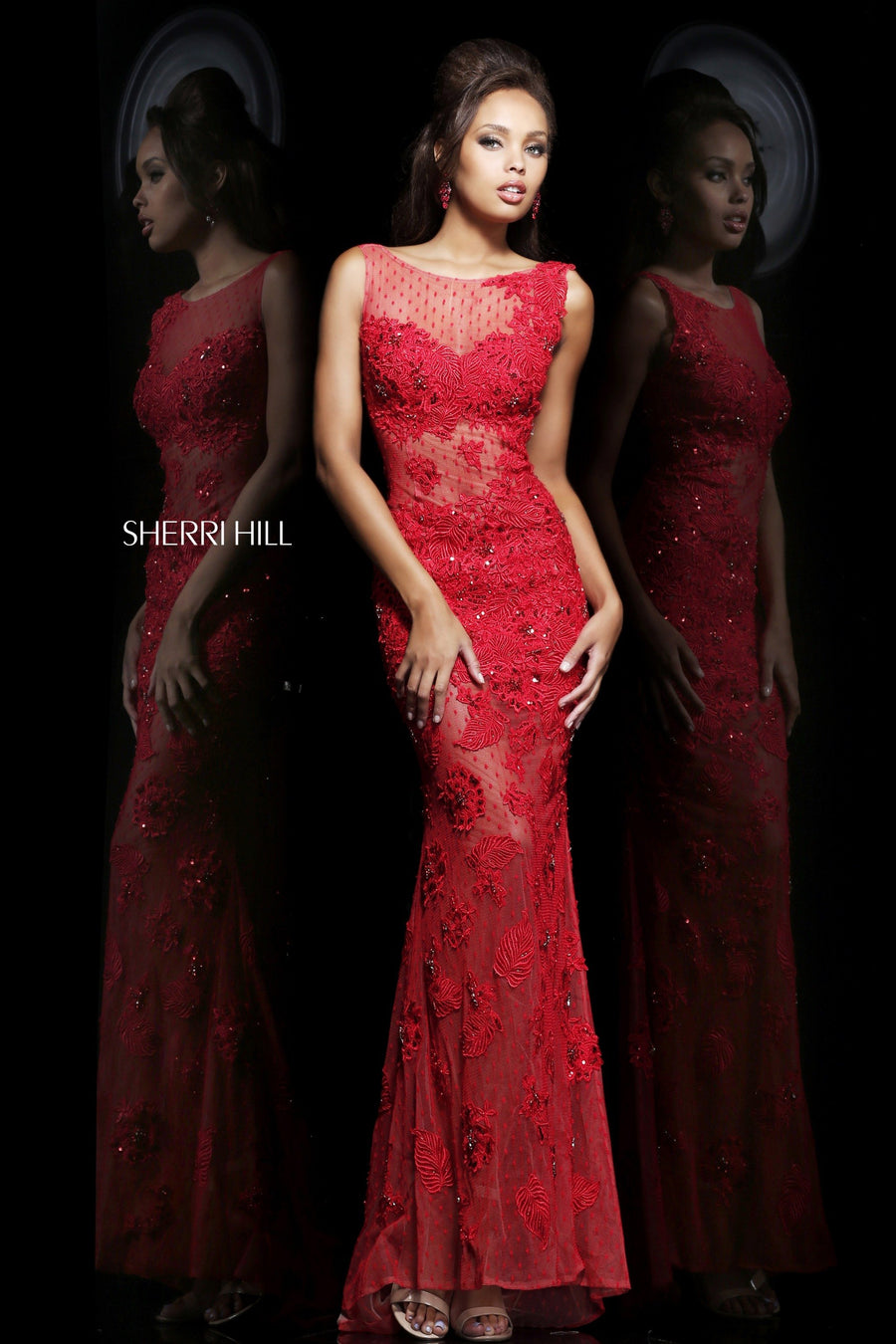 Sherri Hill style 11127 in red/nude, Lace Fitted Gown with Sheer Neckline