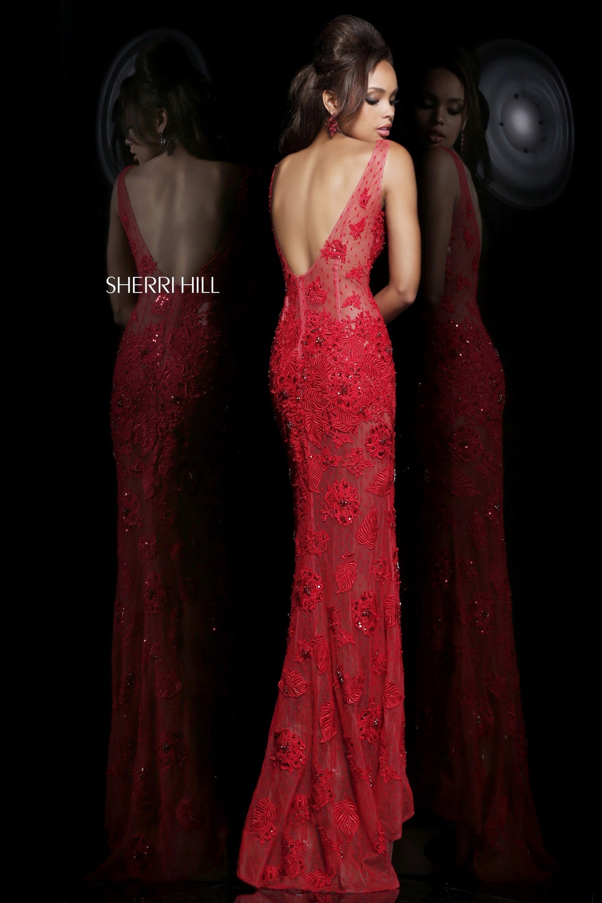Sherri Hill 11127 lace fitted gown with sheer neckline