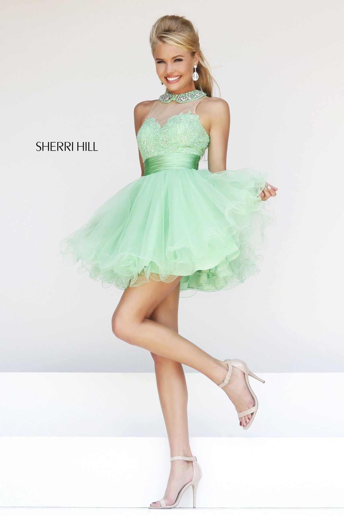 Sherri Hill 21227 strapless cocktail dress with tulle skirt in light green