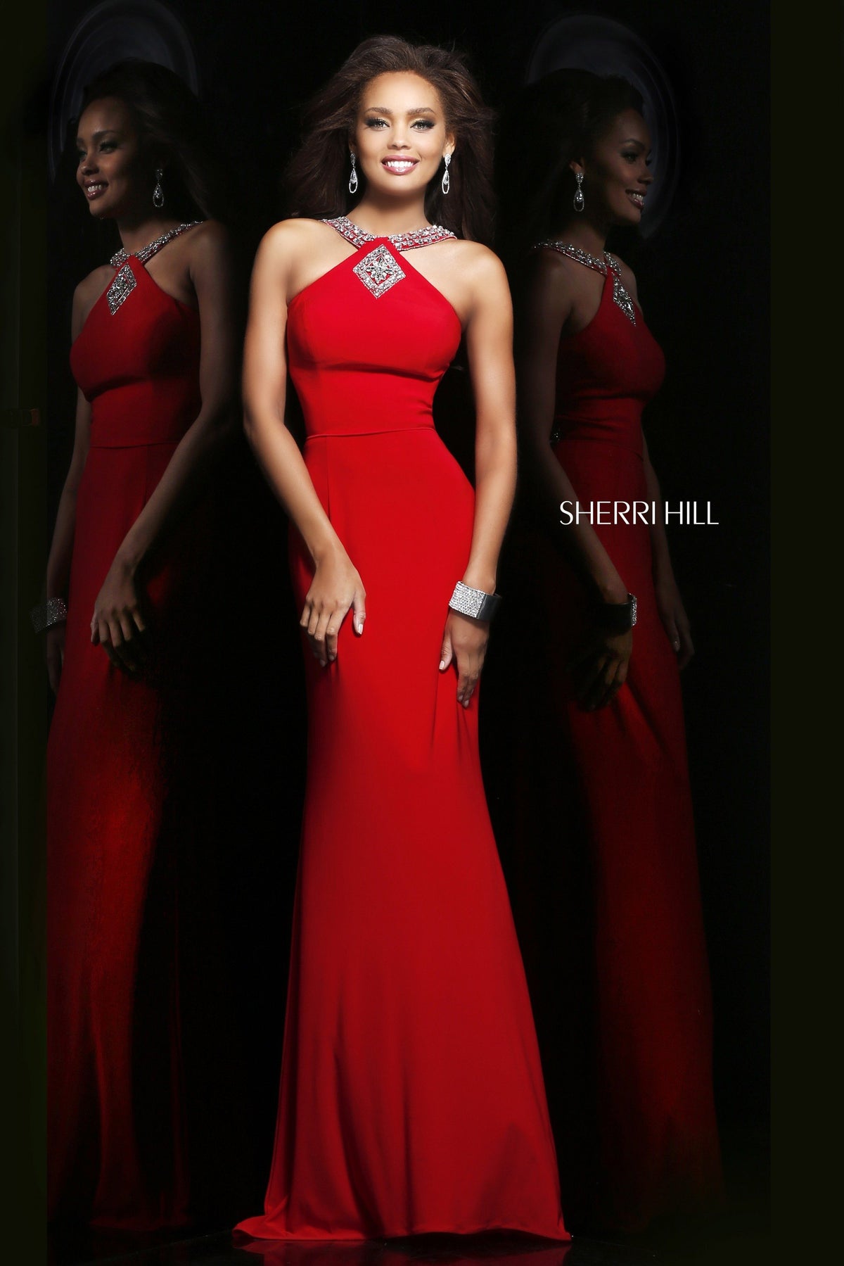 Sherri Hill 21301 halter fitted jersey gown with beaded neckline in red/silver