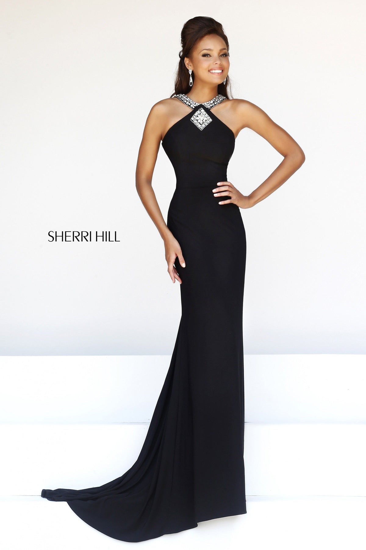 Sherri Hill 21301 halter fitted jersey gown with beaded neckline in black/silver