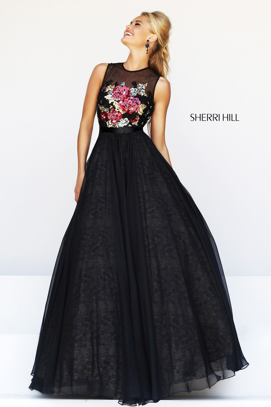 Sherri Hill style 21313 in black/multi, Floral Embroidered Tulle Ball Gown