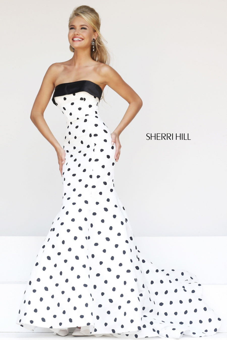 Sherri Hill style 21315 in white/black, Strapless Polka Dot Mermaid Gown