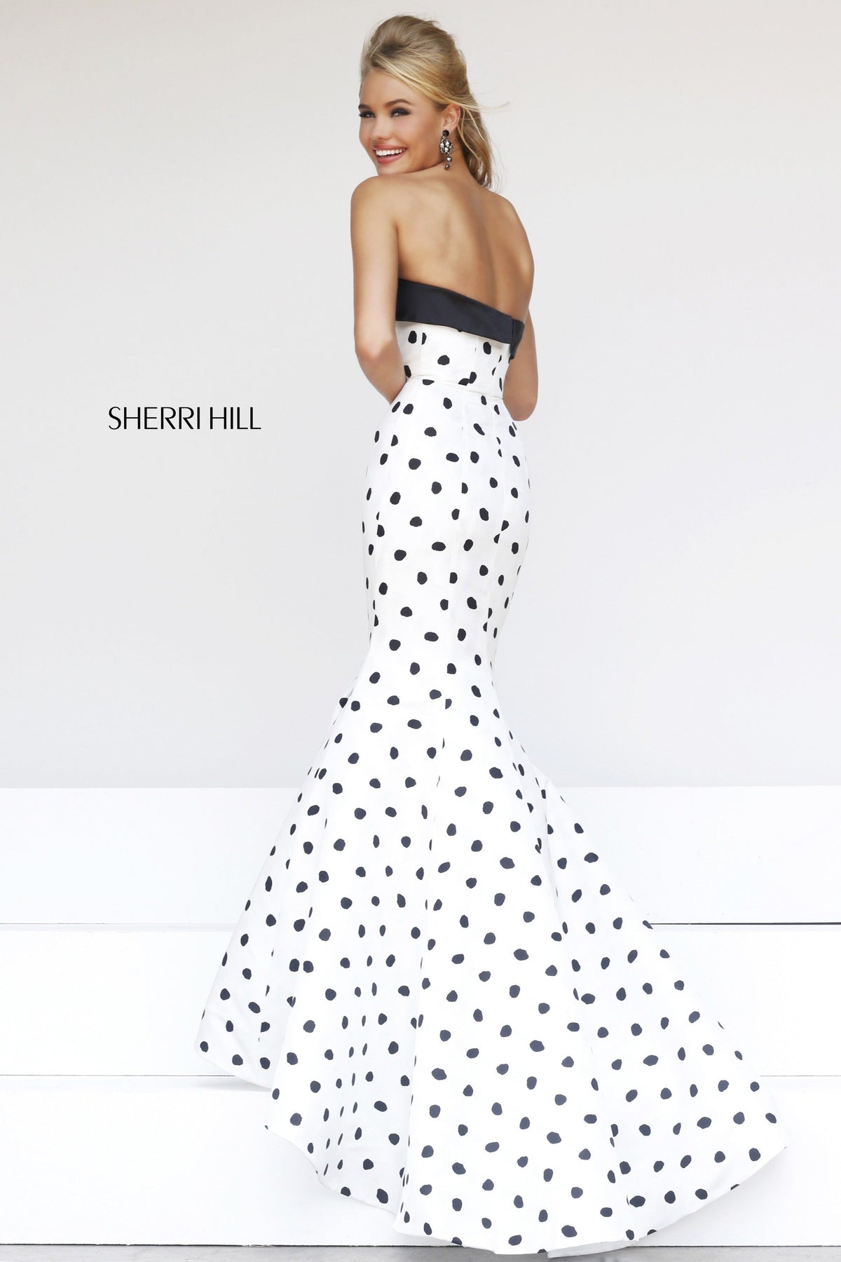 Sherri Hill 21315 strapless polka dot mermaid gown in white/black