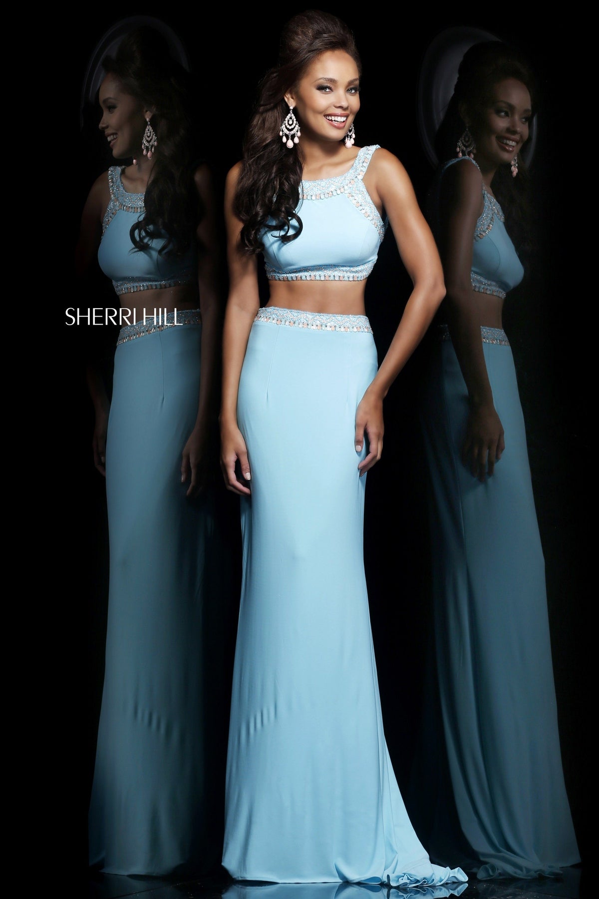 Sherri Hill 21316 two-piece fitted gown with beaded crop top in blue/multi