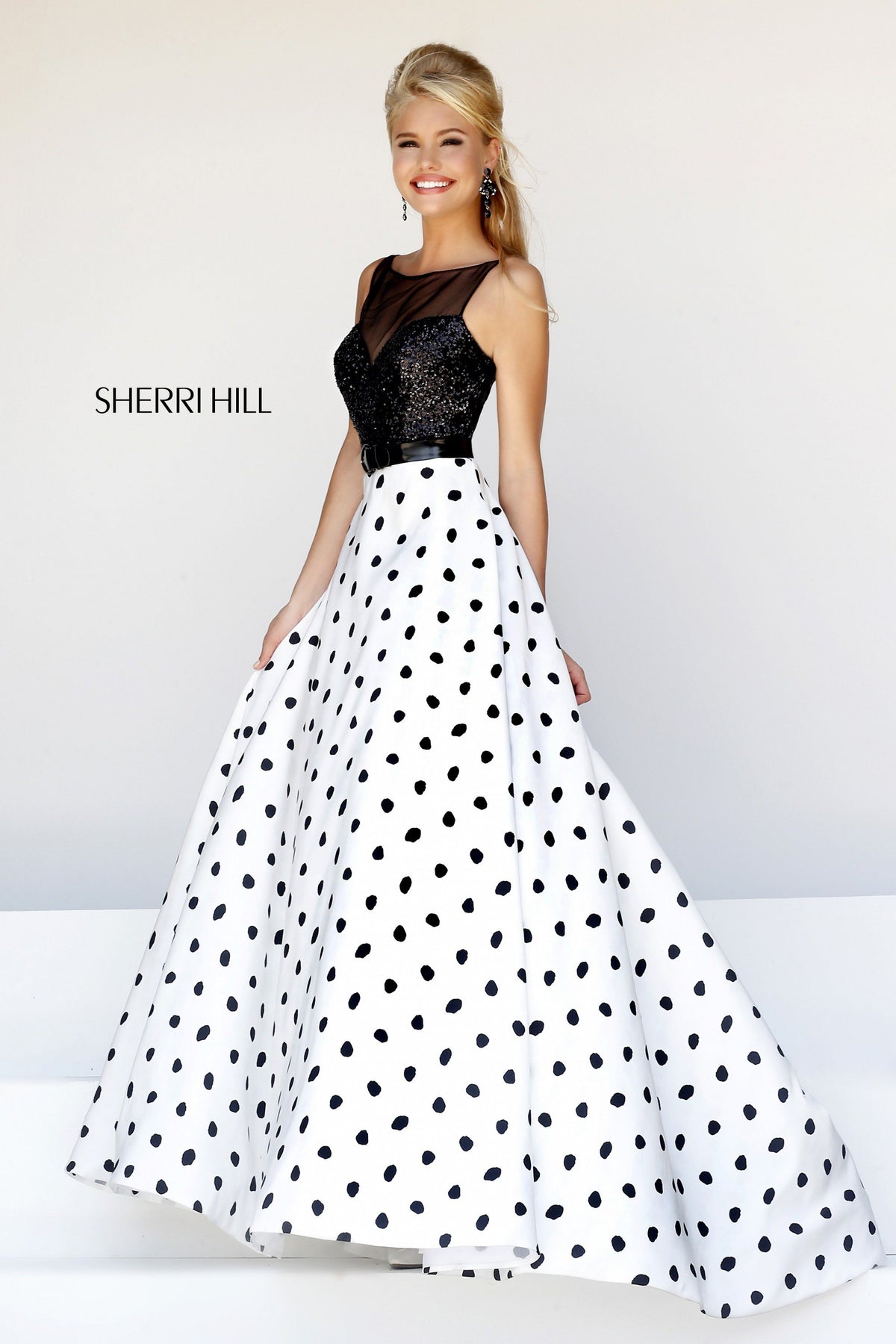 Sherri Hill 21328 polka dot ball gown with solid bodice in black/white