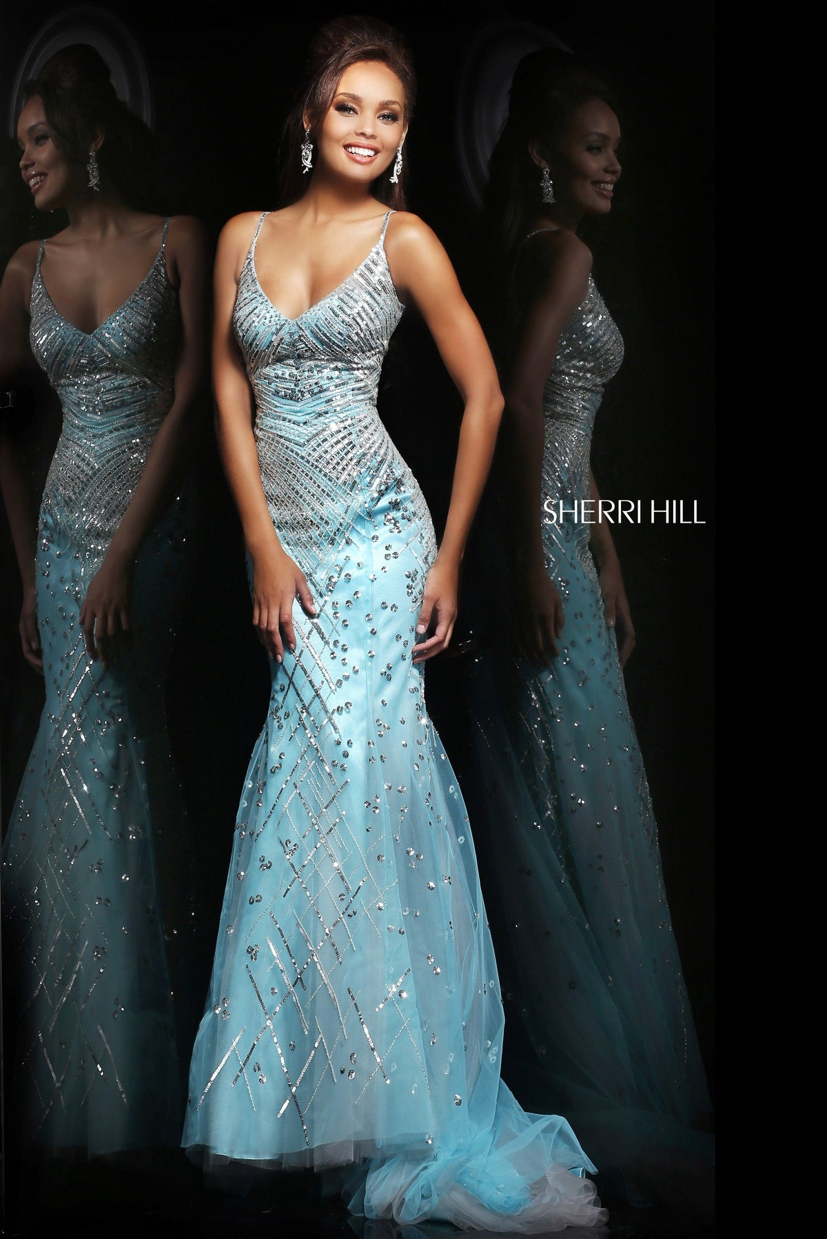 Sherri Hill 21325 beaded mermaid gown in aqua/silver