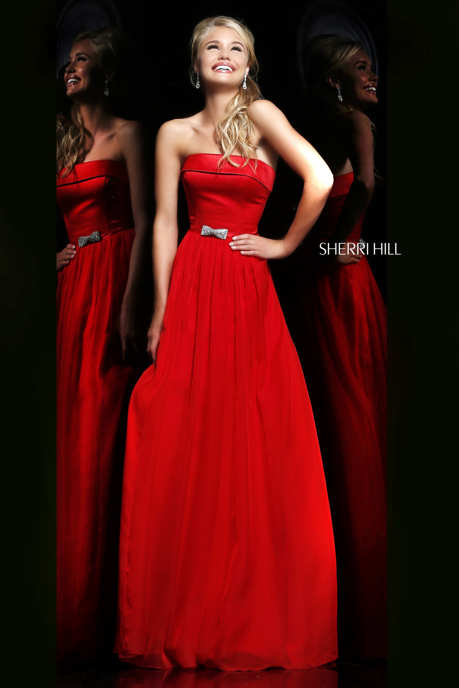 Sherri Hill style 21337 in black, Strapless Chiffon Gown with Beaded Waist